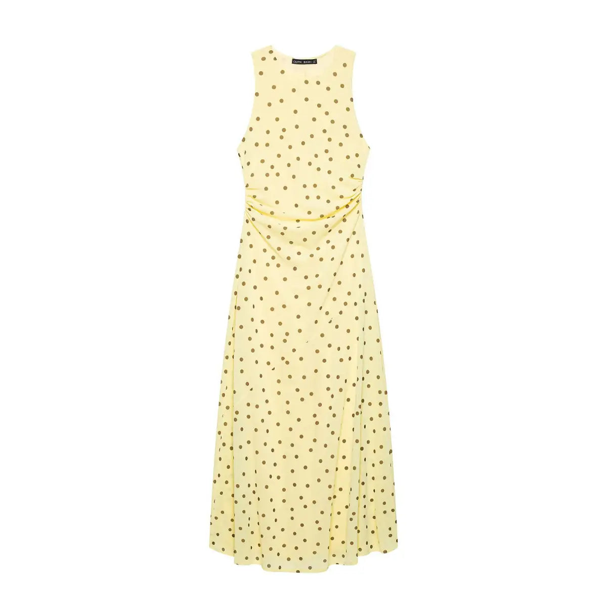 Full front view side ruched waist flowy long maxi dot print chiffon dress