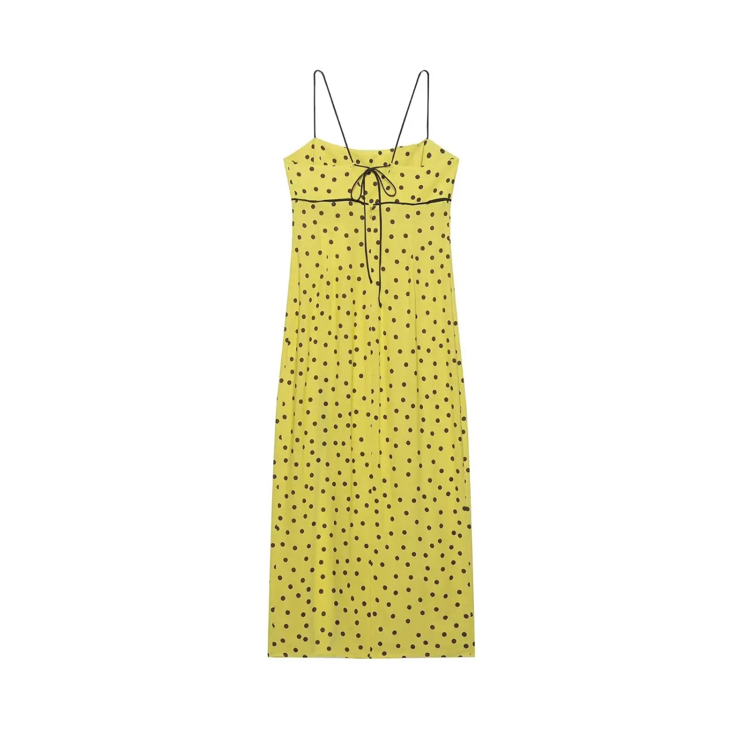 Back view isolated white background, yellow brown polka dot spaghetti strap midi dress with back tie detail