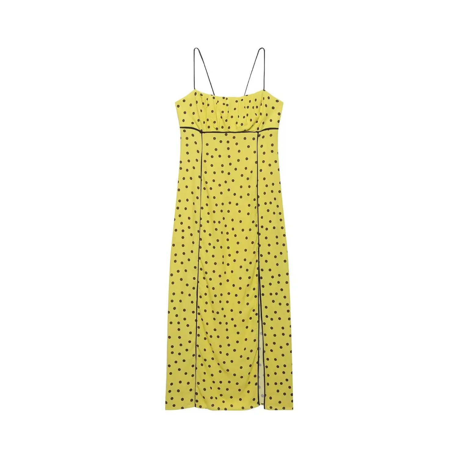 Front view isolated white background, yellow brown polka dot spaghetti strap midi dress with side slit and black piping