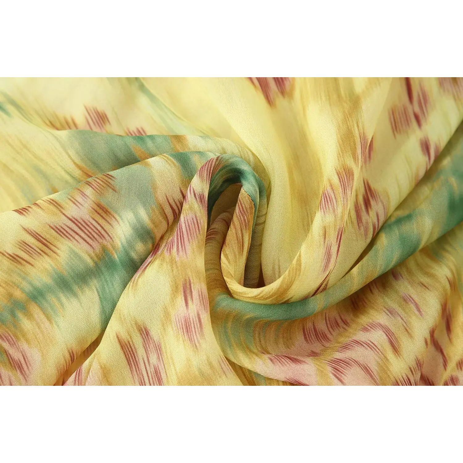 Bottom skirt hem overview, sheer chiffon ruffle edge, full solid yellow lining underneath, loose flowy maxi silhouette