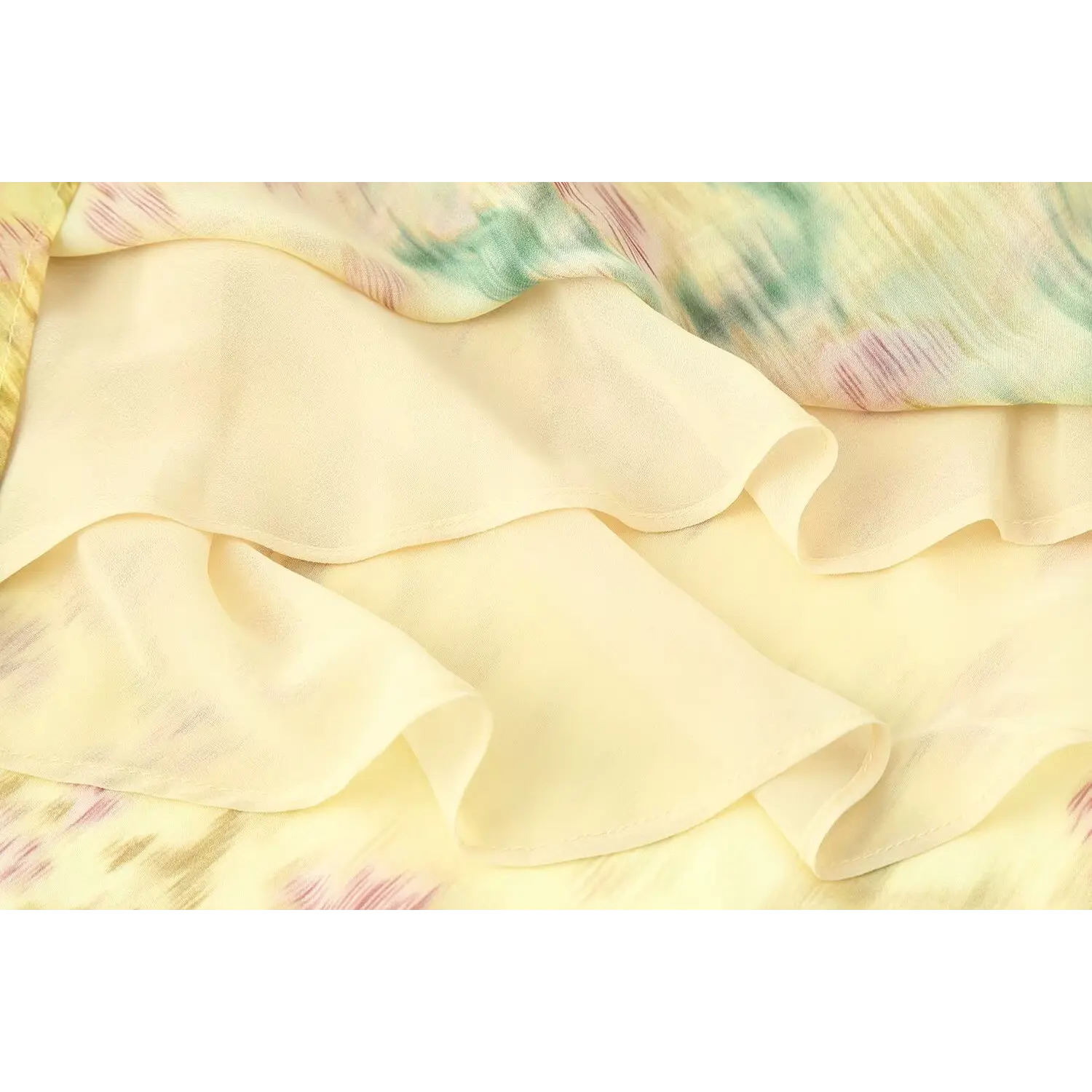 Mid skirt flow detail, wide loose A-line chiffon panels, natural soft wrinkles from lightweight sheer fabric
