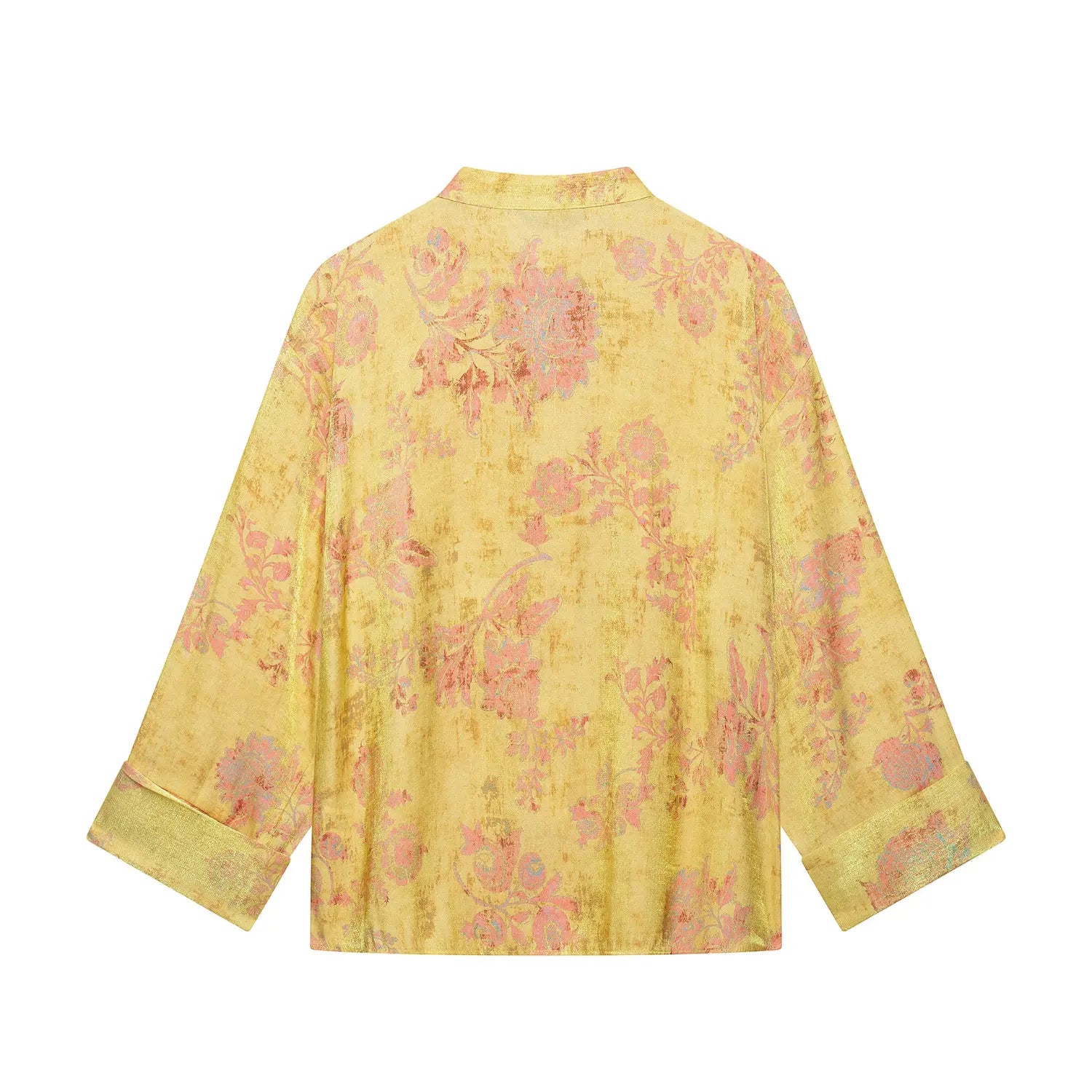 Back view golden yellow mandarin collar cropped shirt, vintage pink botanical print