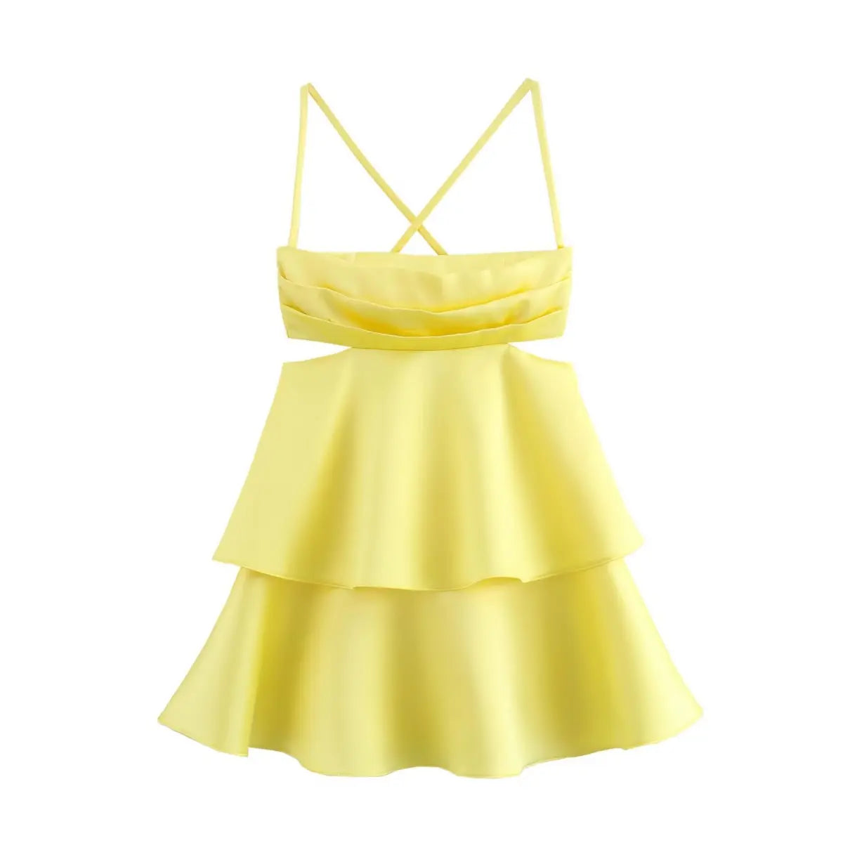 Front view of a bright yellow mini dress with spaghetti straps, crisscross back, ruched bodice, waist cutouts, and tiered ruffled skirt.