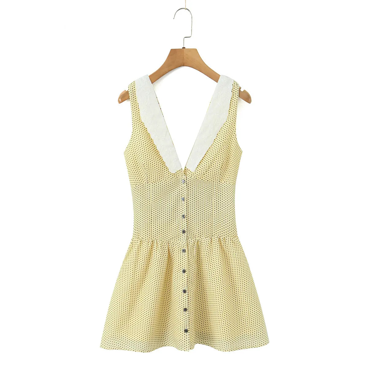 Hanging full front yellow polka dot mini dress with front buttons