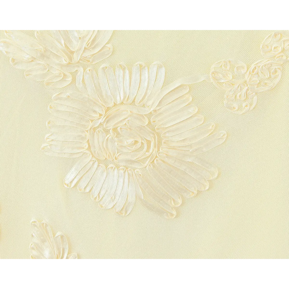 Close-up of the textured mesh fabric with intricate ribbon-work floral embroidery.