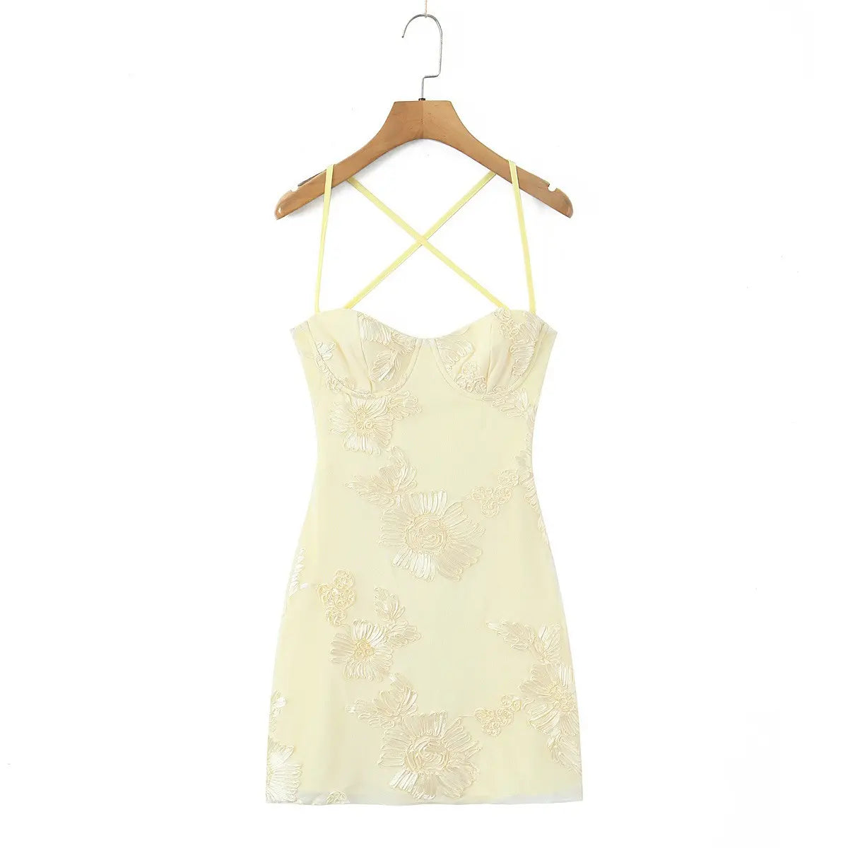  Full front view of the dress, featuring the crisscross straps, sweetheart neckline, and 3D floral embroidery.