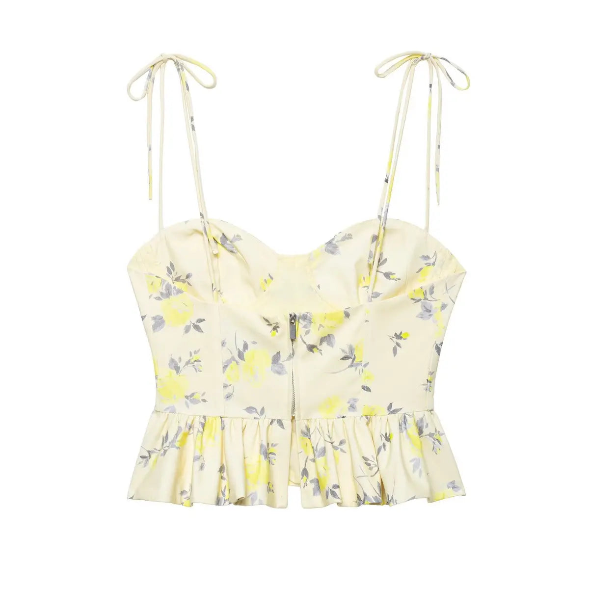 Full back view on white background of yellow floral print tie-strap corset camisole top