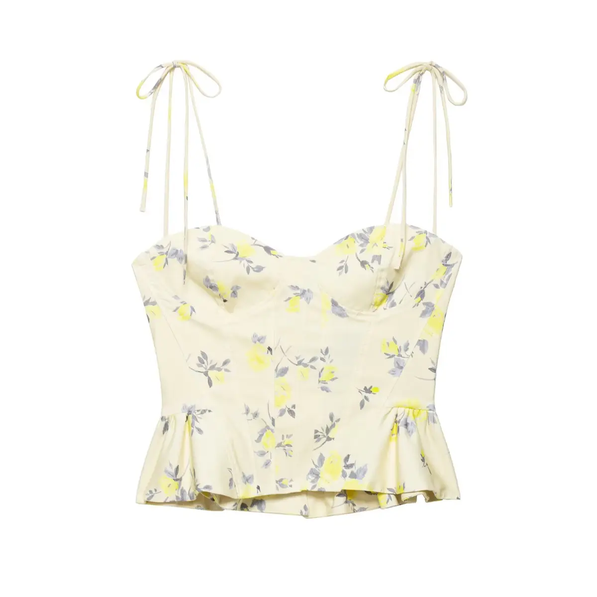 Full front view on white background of yellow floral print tie-strap peplum corset camisole top