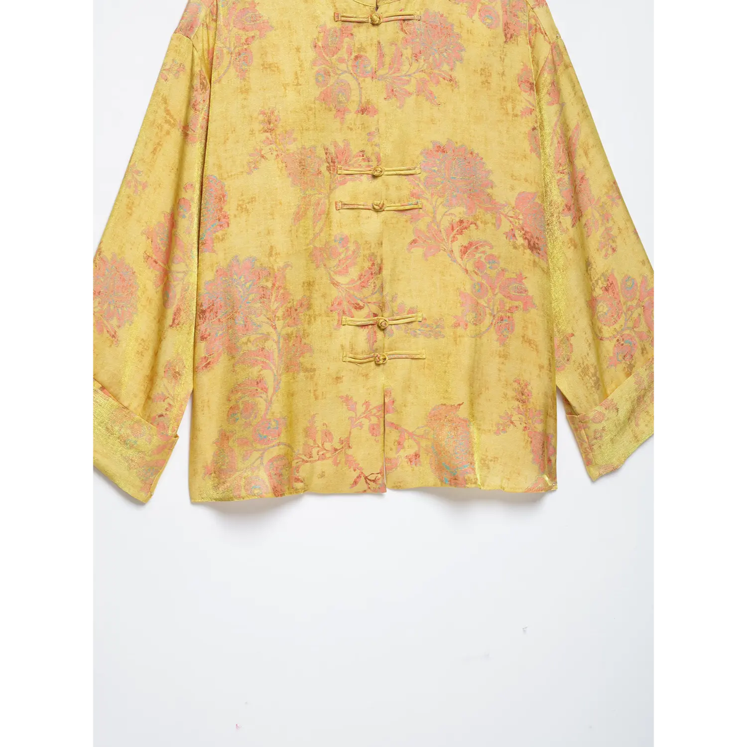 Flat lay front view golden yellow chinese style blouse with pink peony floral pattern and frog fasteners