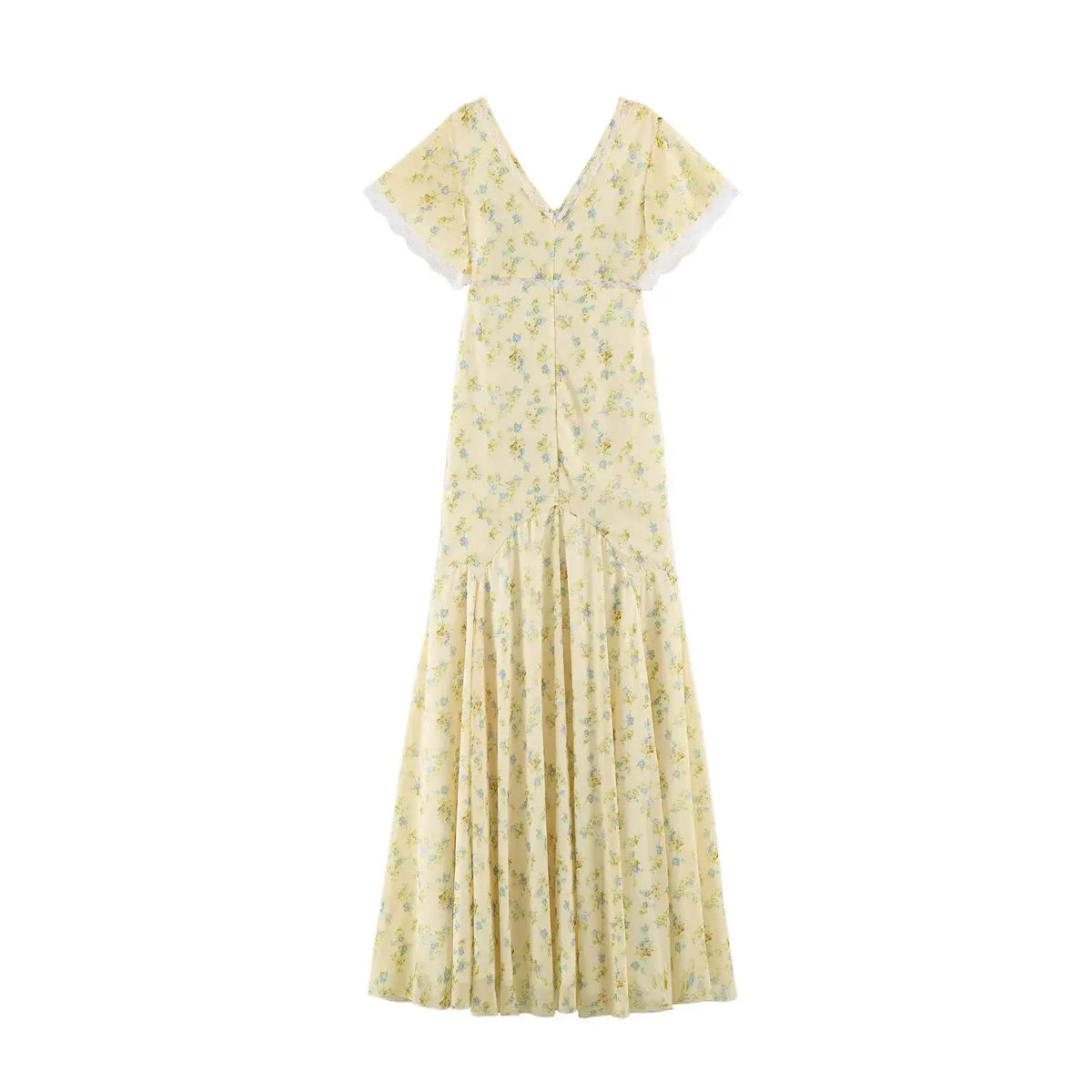 Yellow floral print maxi dress, back full view, deep v back, fitted waist, flowy long chiffon skirt