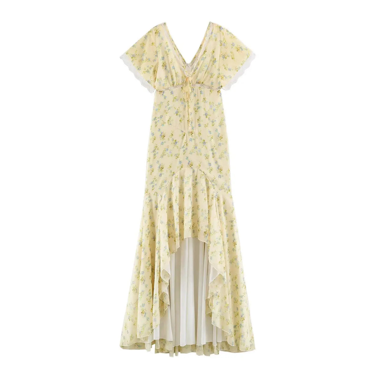 Yellow floral print maxi dress, front full view, deep v neck, flutter short sleeves with white lace trim, front tie detail, irregular ruffle hem