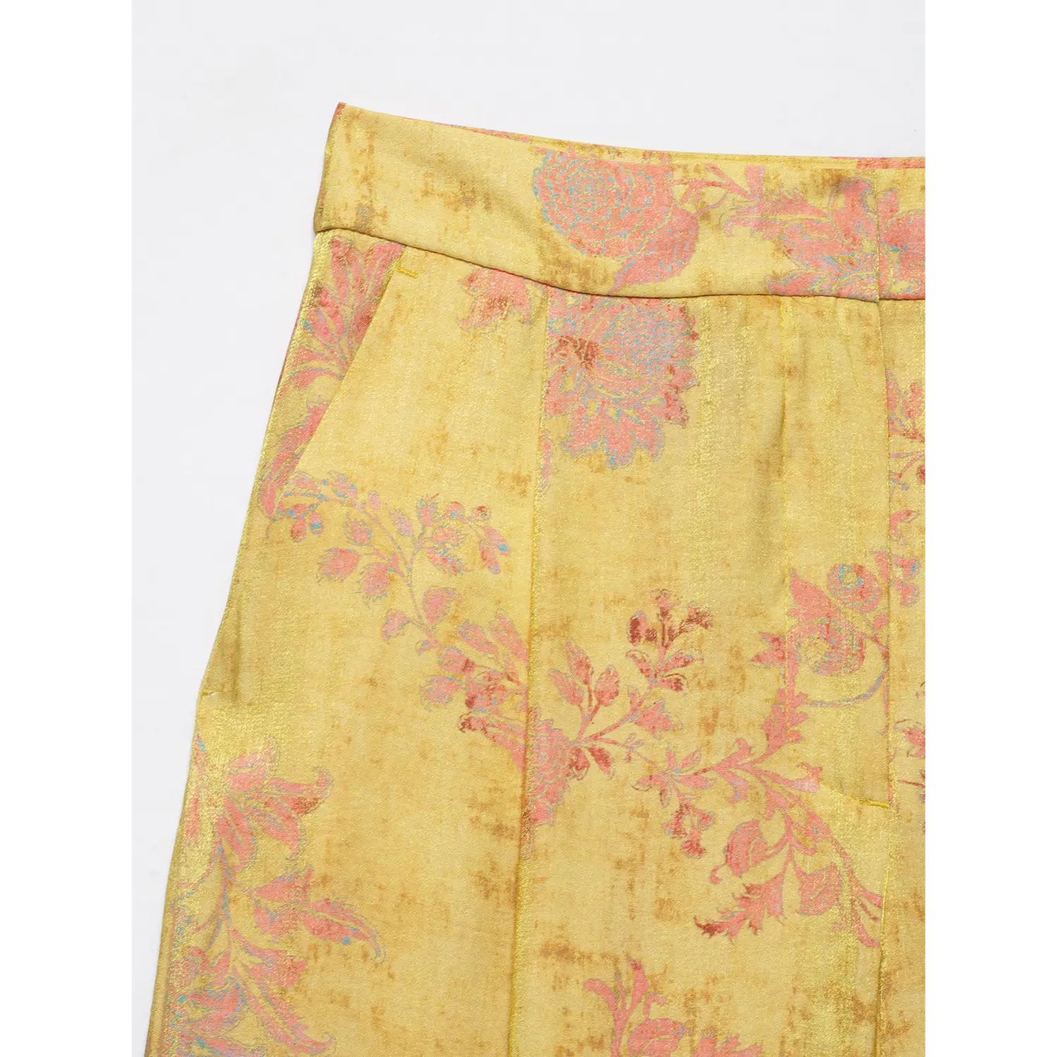 Side pocket detail, textured golden yellow new chinese floral wide leg trousers