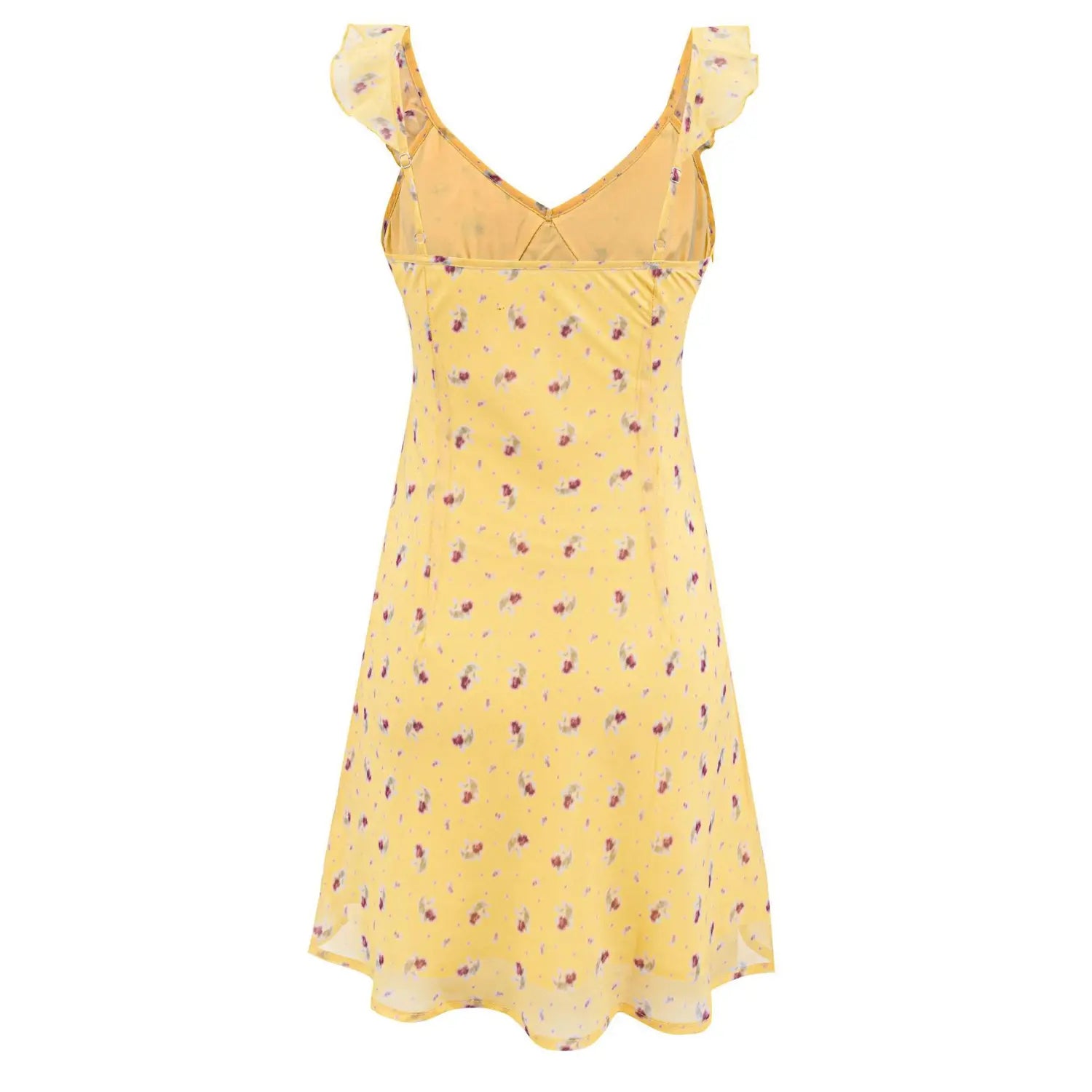 Back view product mockup, yellow floral sleeveless mini dress with adjustable straps, white background