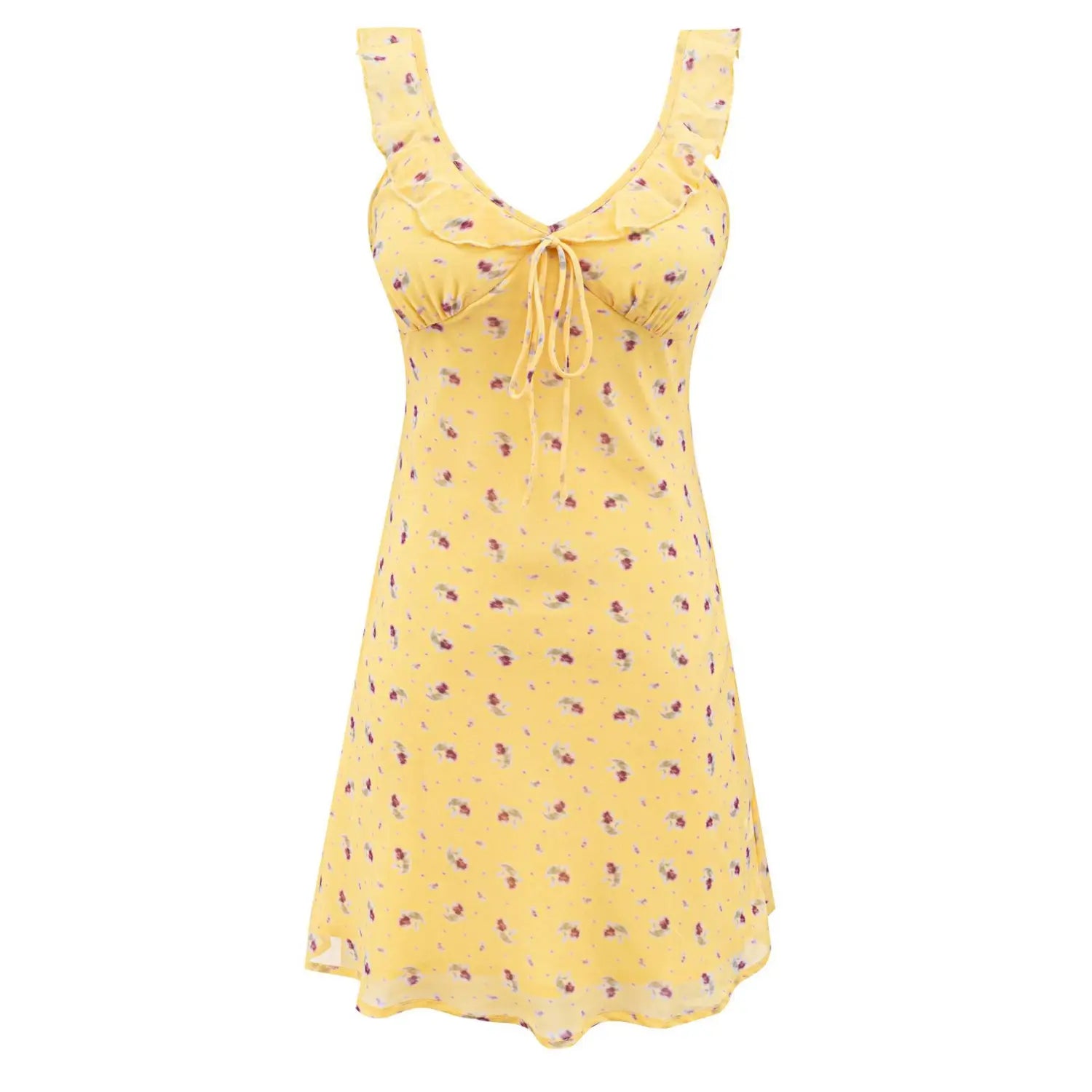 Front view product mockup, yellow floral ruffle cami mini dress isolated on plain white background