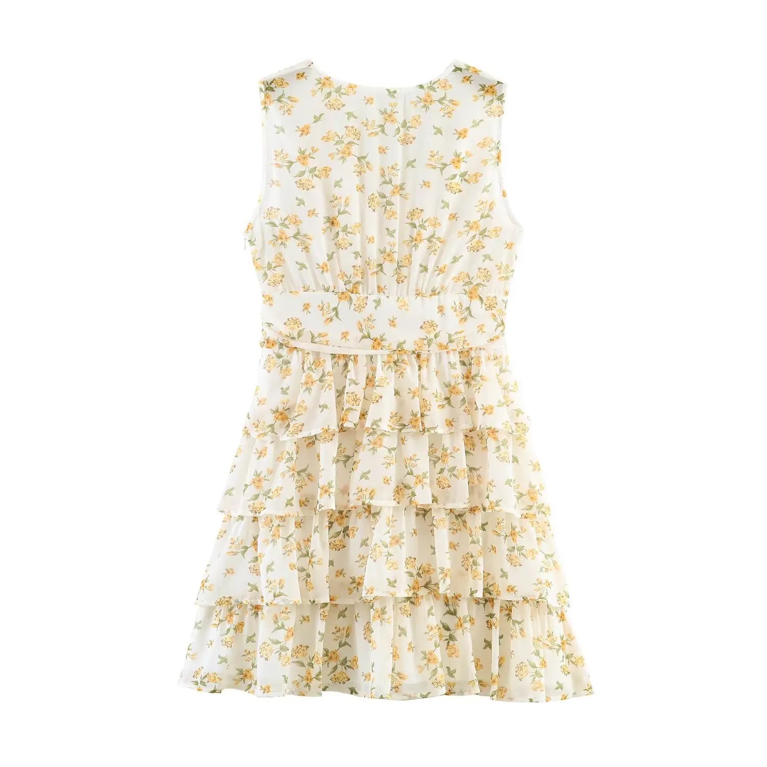 Back flat view sleeveless yellow floral mini dress with v-back and multi-layer ruffle hem