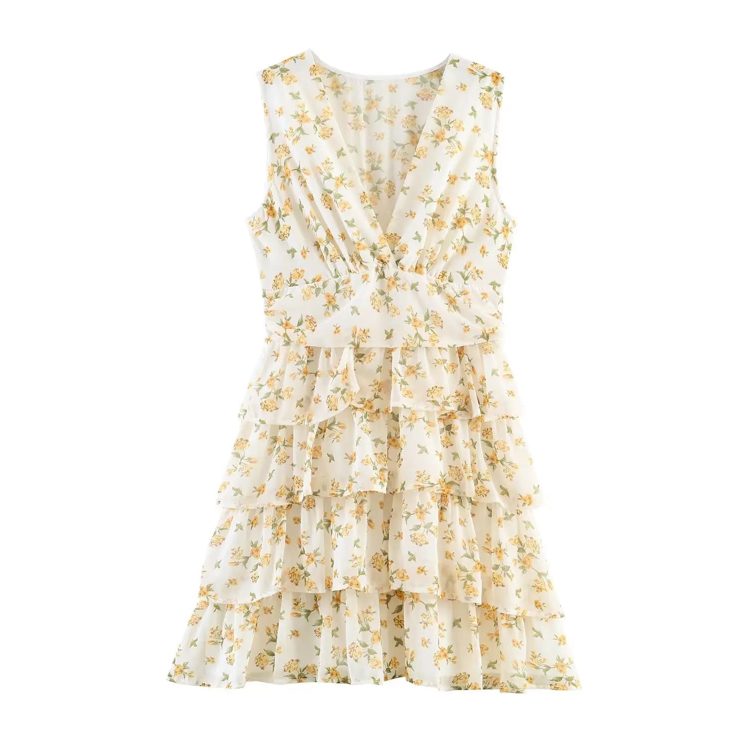 Front flat lay sleeveless mini dress with yellow floral print, deep v neck and ruffled tiered skirt