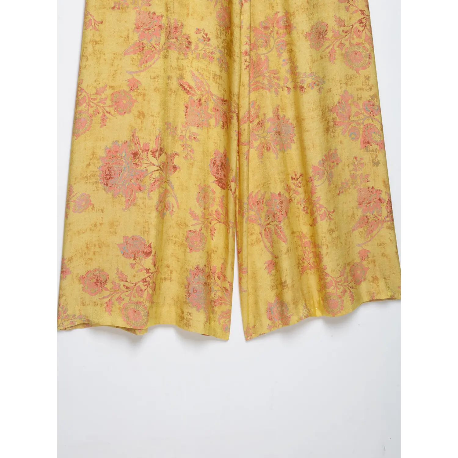 Rear leg and hem flat lay, relaxed fit new chinese floral wide leg trousers