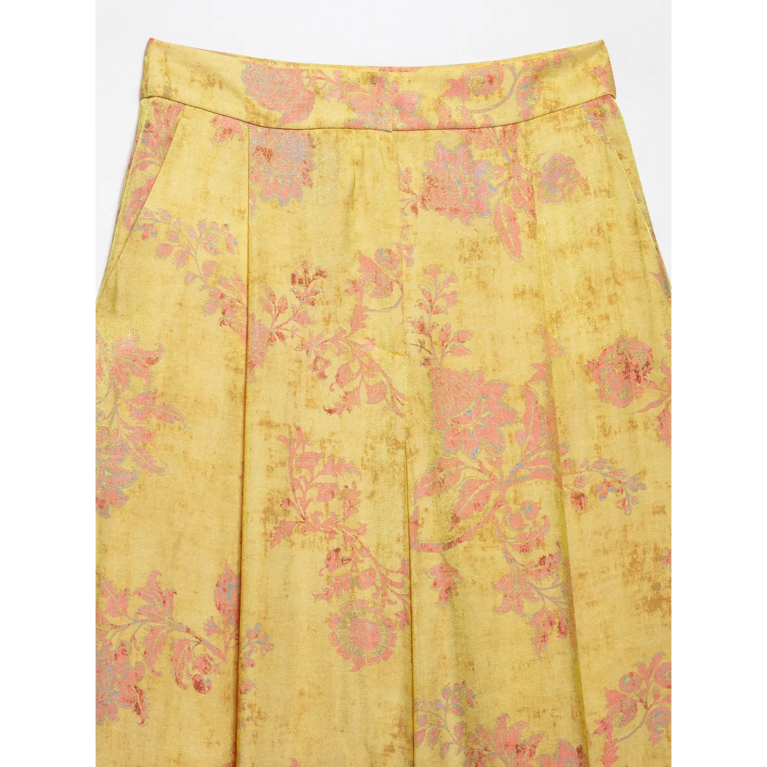 Close-up waist front view, pink peony floral pattern golden yellow high waist wide leg trousers