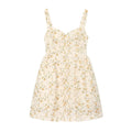 Cream base yellow & blue floral wide strap smocked waist mini dress front plain white flat lay, sweetheart V neck elastic ruched waist A-line short sundress spring summer floral vacation dress main product shot