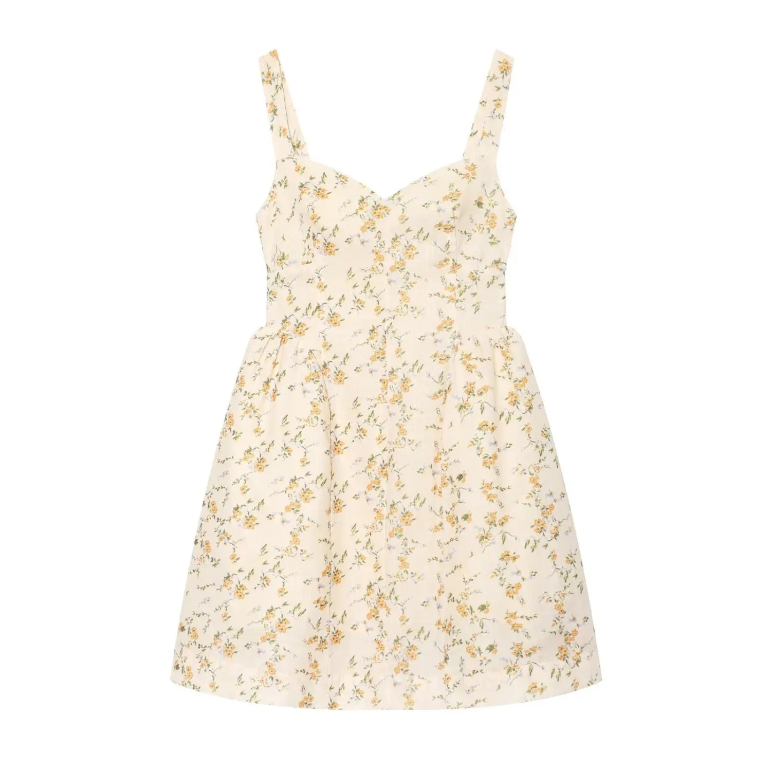 Cream base yellow & blue floral wide strap smocked waist mini dress front plain white flat lay, sweetheart V neck elastic ruched waist A-line short sundress spring summer floral vacation dress main product shot