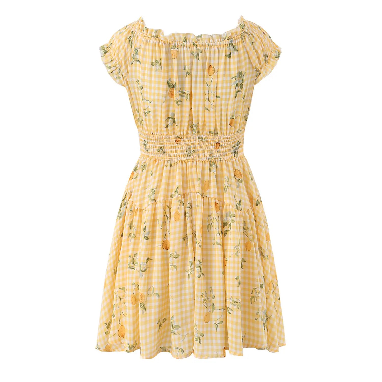 back view yellow gingham lemon print sleeveless mini dress elastic smocked waist ruffle cap sleeve casual summer dress