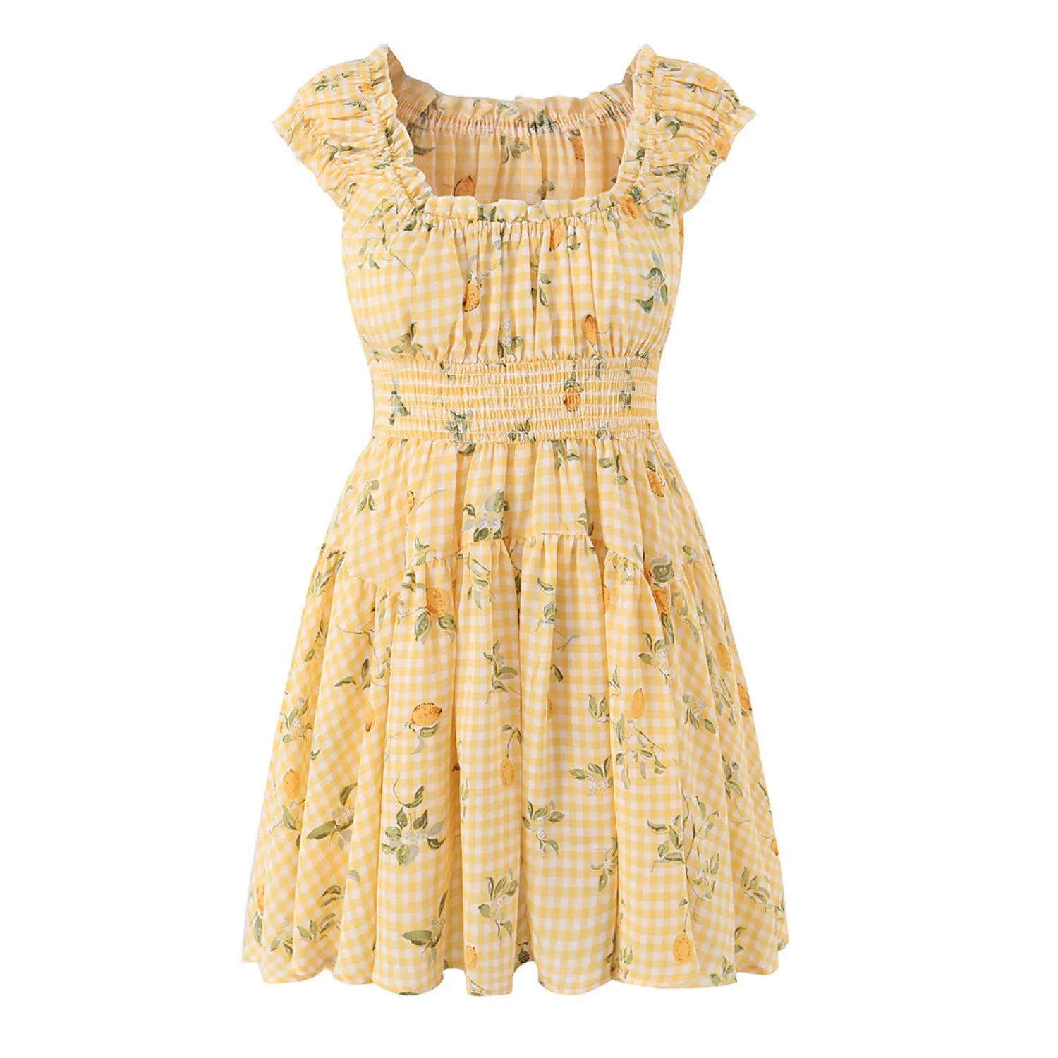 yellow white gingham lemon print mini dress square ruffle smocked waist tiered flowy sundress front view white background