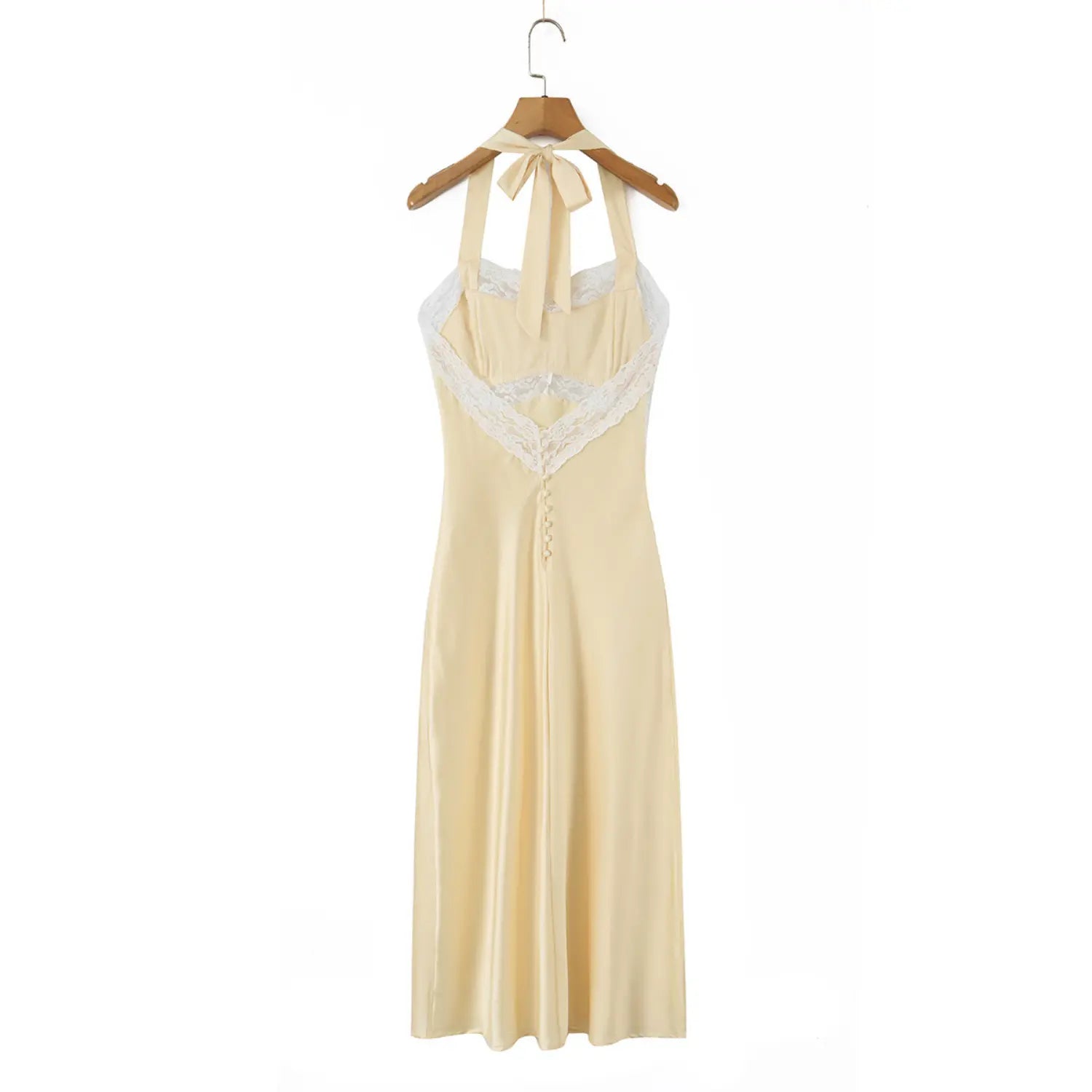 Champagne halter lace slip dress wood hanger back overview shot, full display halter tie V cutout vertical buttons long drape silhouette