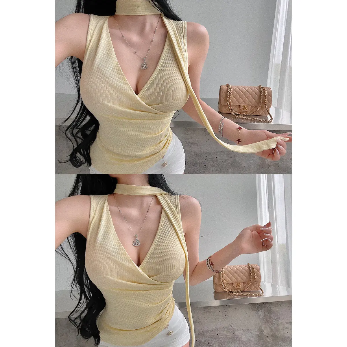 Close-up of a woman wearing a yellow ribbed halter wrap top, showing the wrap front, tie detail, and styled with accessories.