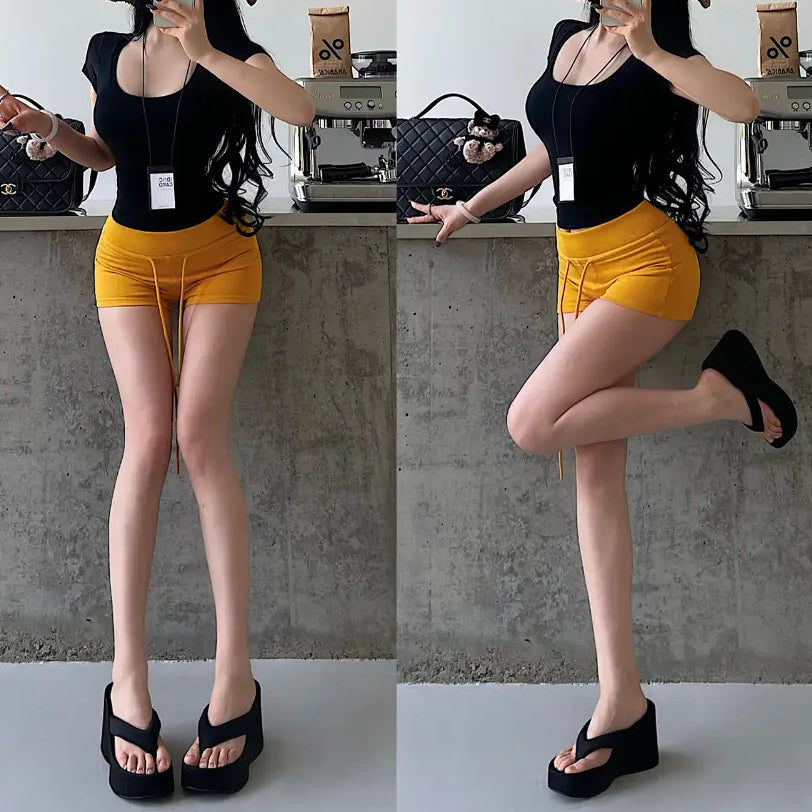 Collage of a woman wearing yellow high-waisted drawstring shorts with a black top, styled with a straw hat and platform sandals.