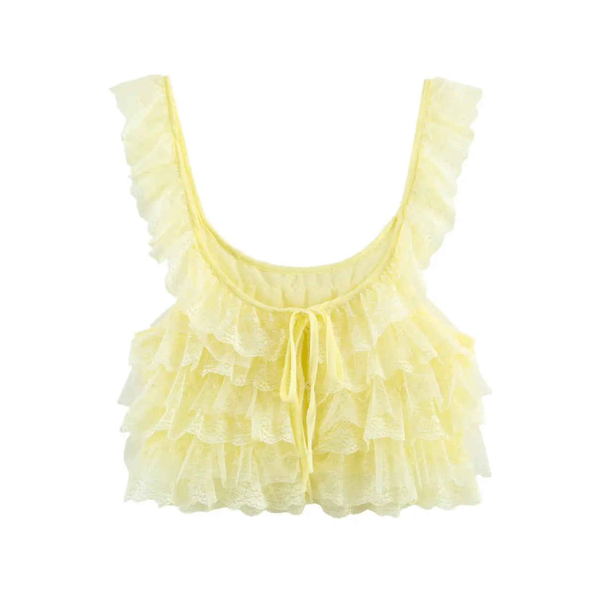 Front view of a yellow layered lace ruffle camisole with a U-neckline, wide lace straps, and a front tie detail, isolated on a white background.