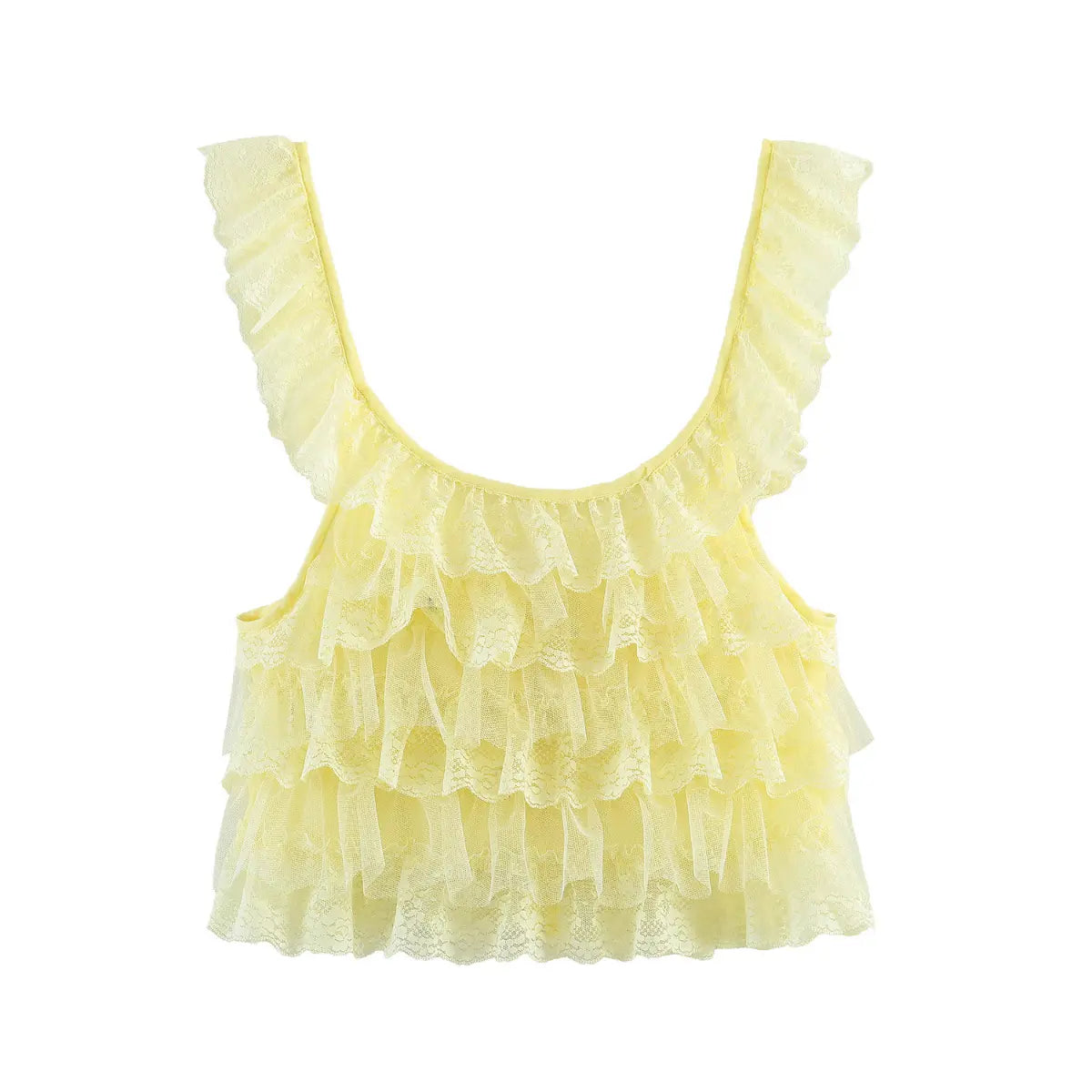 Front view of a yellow layered lace ruffle camisole with a U-neckline and wide lace straps, isolated on a white background.