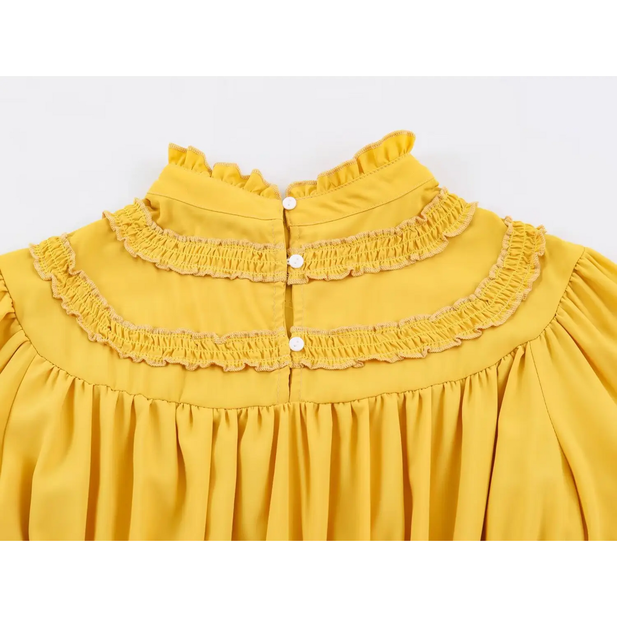 Close-up of ruffle stand collar with three white buttons on yellow maxi dress