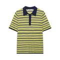Full front flat lay main shot of striped knit polo top, navy polo collar, half button placket, short sleeves with scalloped cuffs, openwork horizontal stripe knit