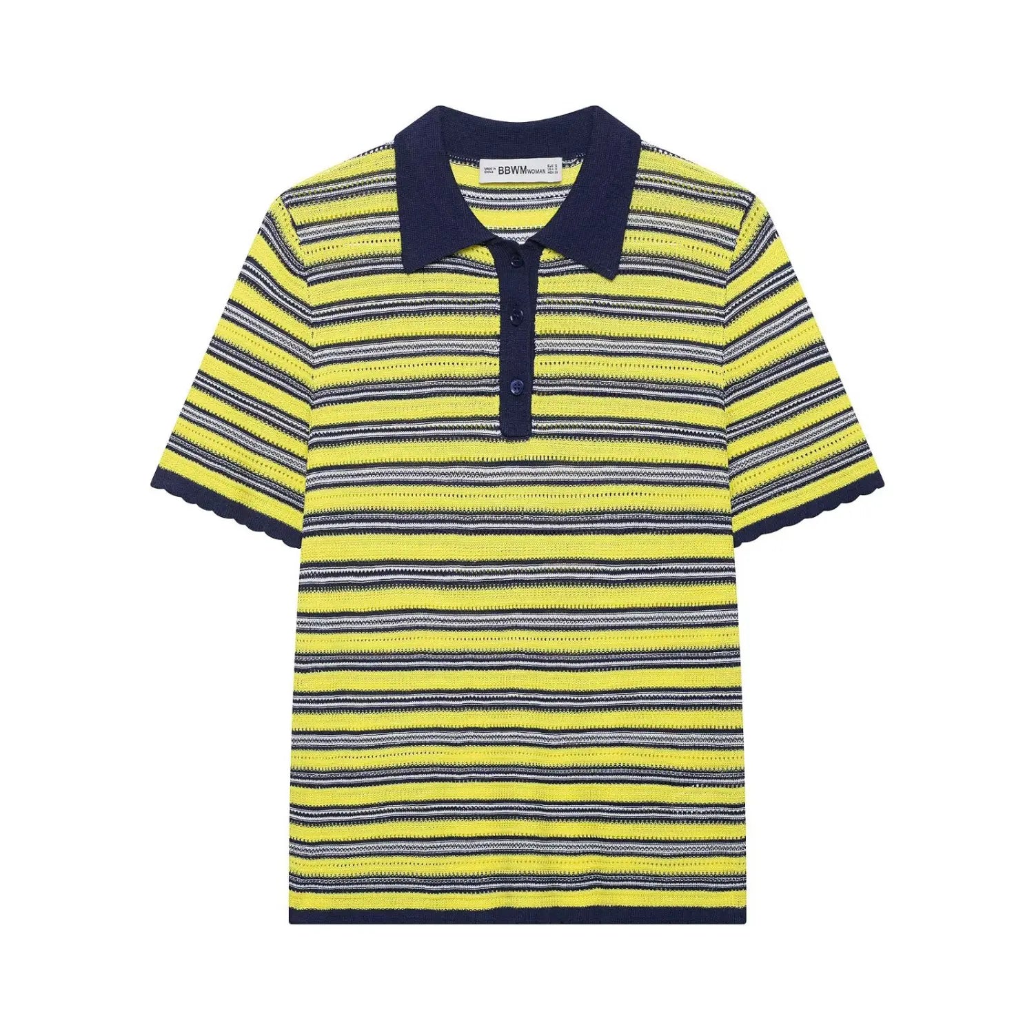 Full front flat lay main shot of striped knit polo top, navy polo collar, half button placket, short sleeves with scalloped cuffs, openwork horizontal stripe knit