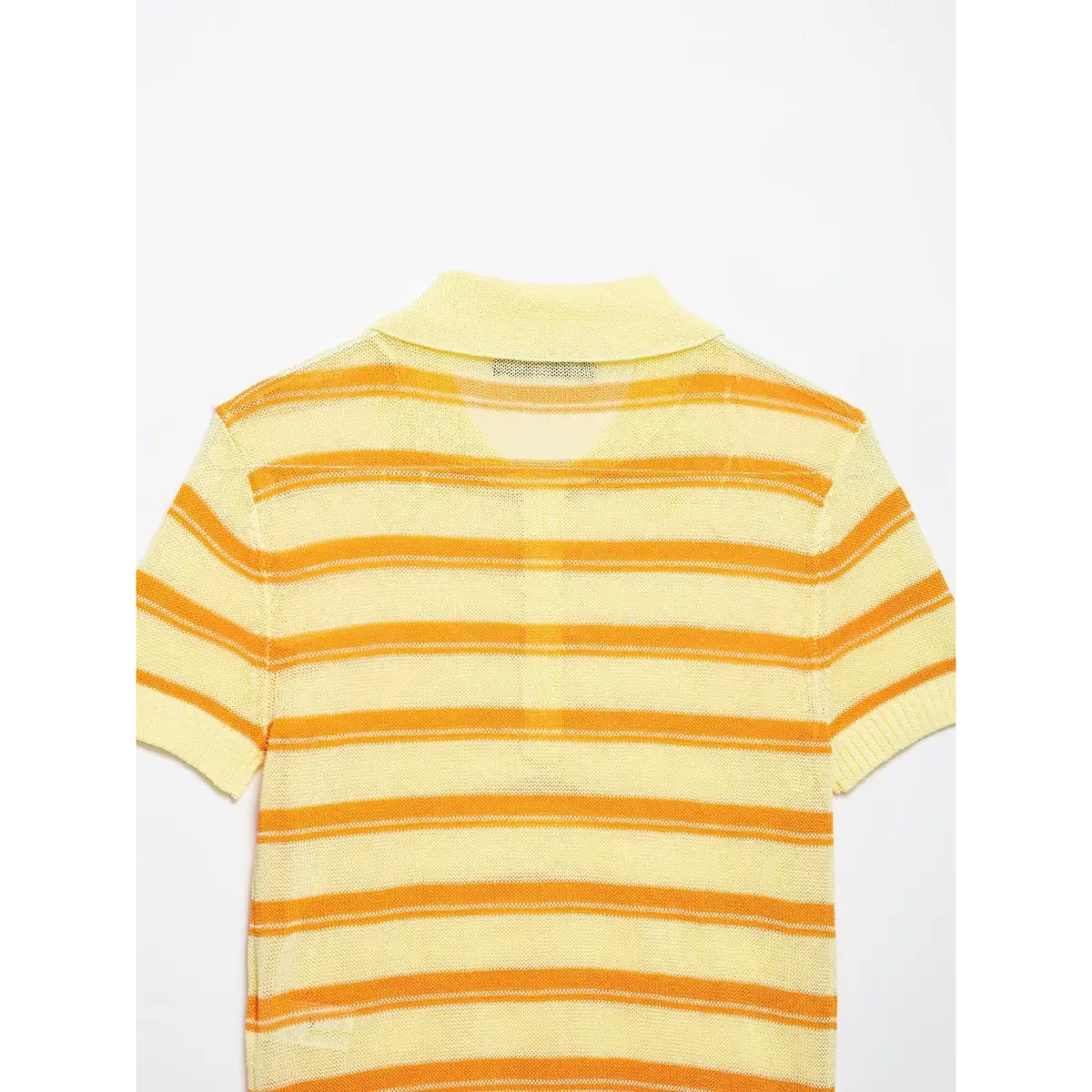 Close-up back view of a yellow and orange striped knit polo top, showing the mesh fabric texture and ribbed collar.
