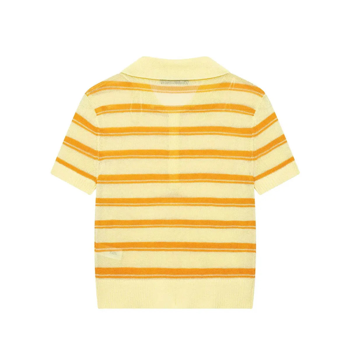 Yellow and orange striped knit polo top with a collared neckline, back view flat lay on white background, showing the seamless design.