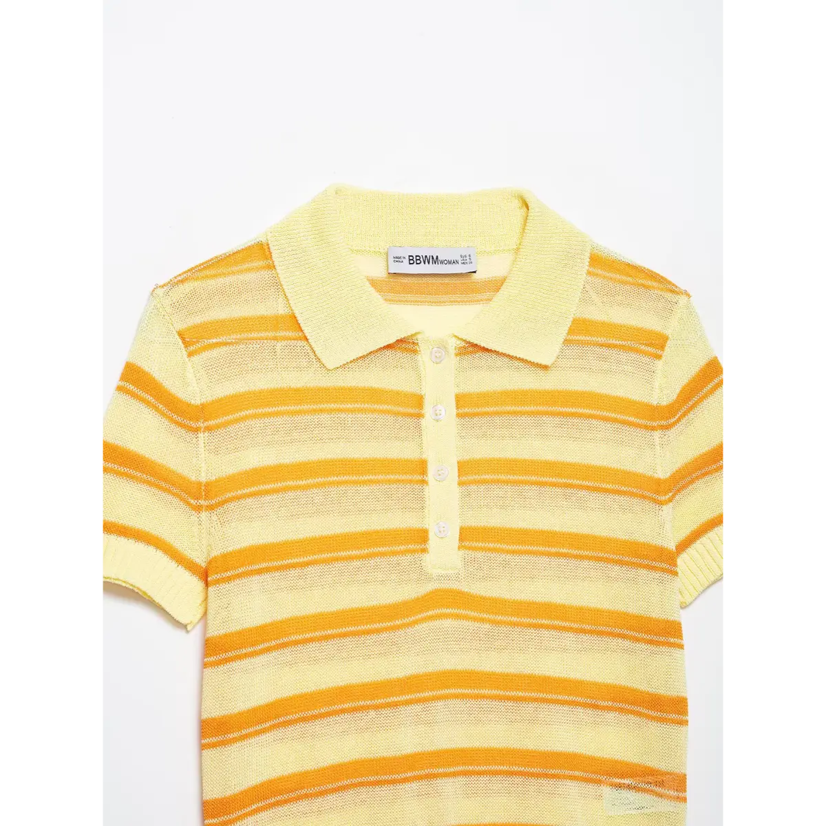 Close-up front view of a yellow and orange striped knit polo top, showing the collared neckline, button placket, and striped pattern.