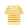 Yellow and orange striped knit polo top with a collared neckline, four-button placket, and short sleeves, front view flat lay on white background.