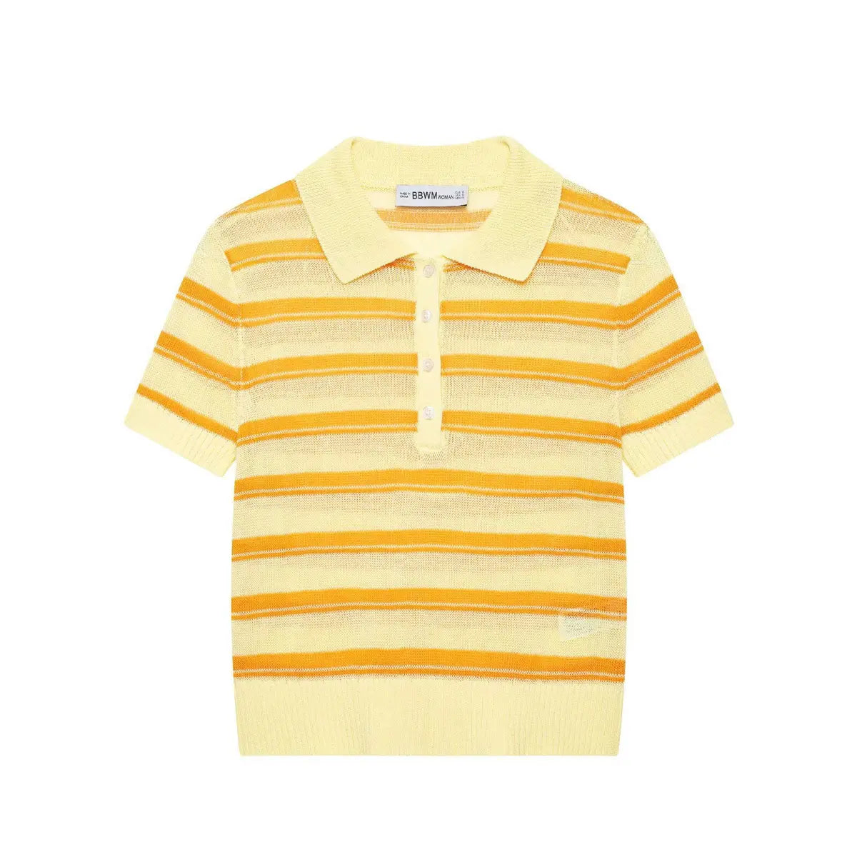 Yellow and orange striped knit polo top with a collared neckline, four-button placket, and short sleeves, front view flat lay on white background.