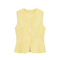 Yellow sleeveless peplum vest front view, round neck, vertical pearl buttons, fitted waist flared hem