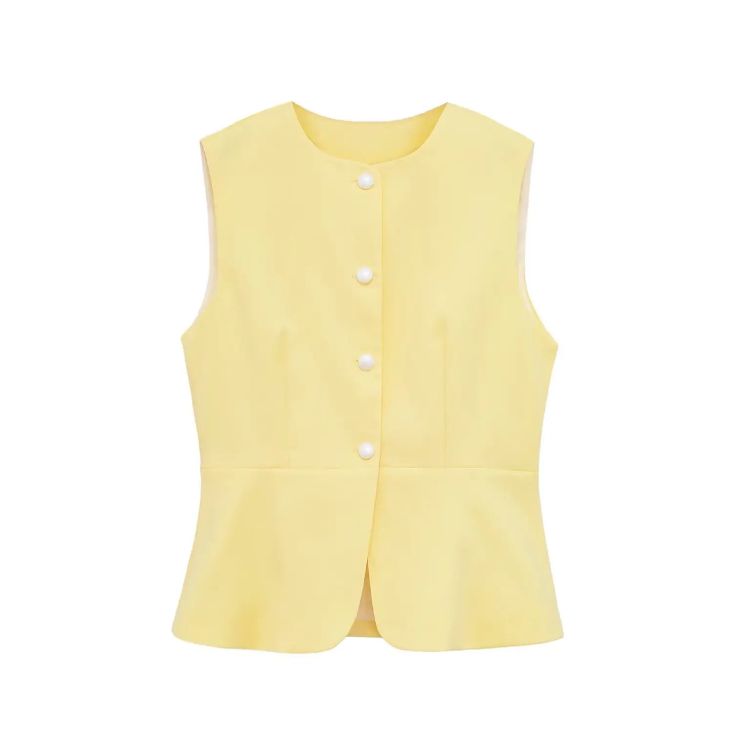 Yellow sleeveless peplum vest front view, round neck, vertical pearl buttons, fitted waist flared hem