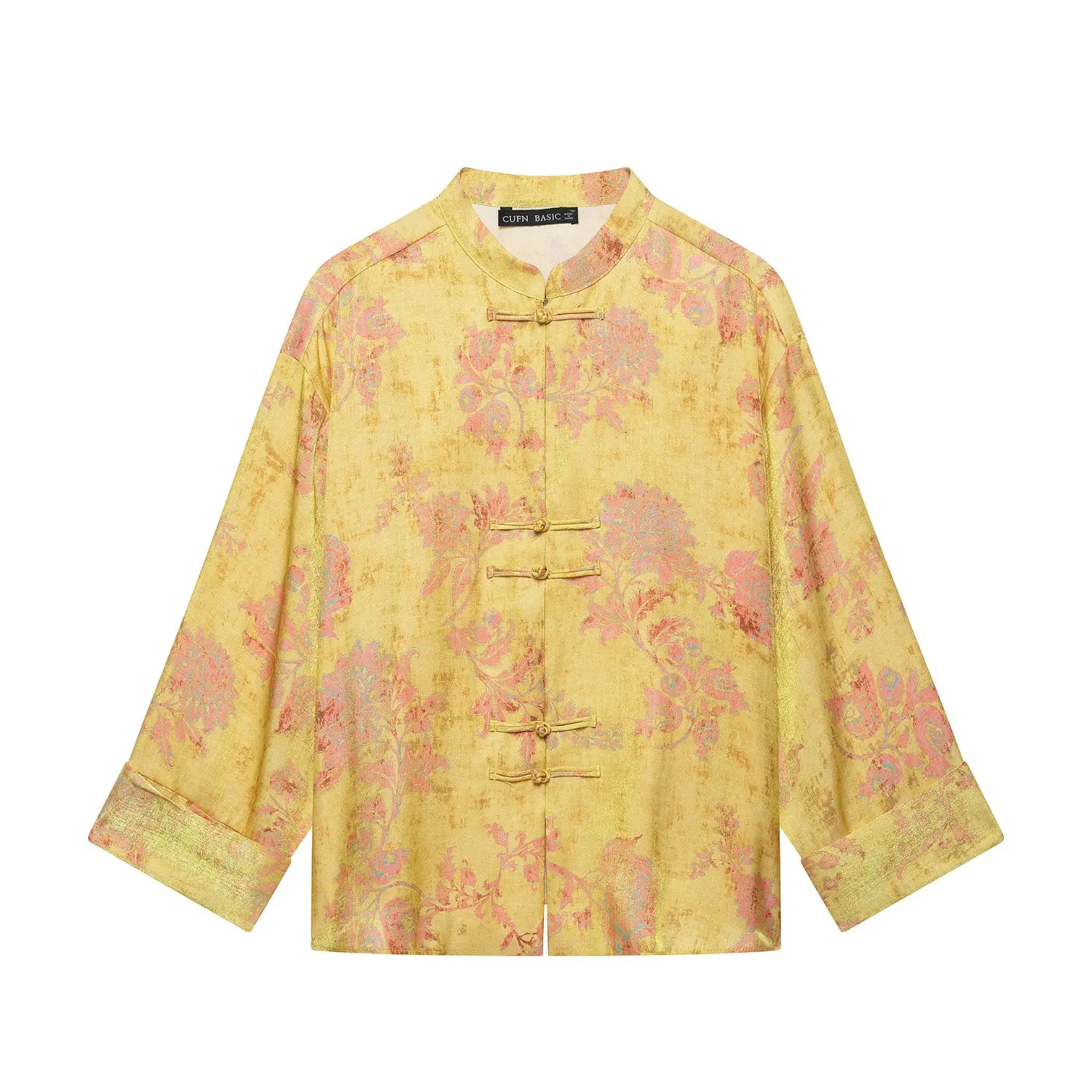 Main product shot golden yellow vintage floral chinese style top, stand collar frog button long sleeve blouse