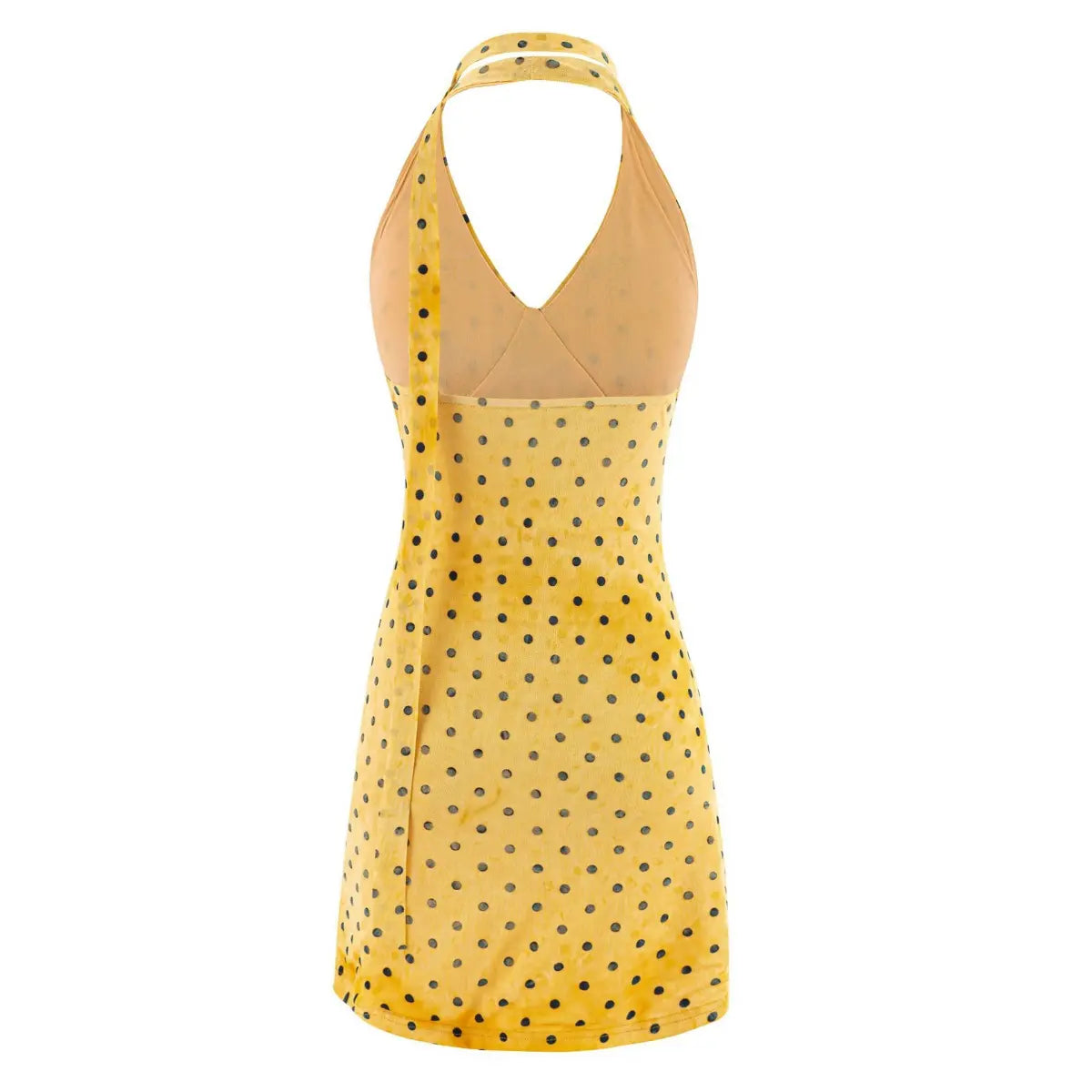 Back view of the yellow polka dot halter dress, showing the open back and lining details.