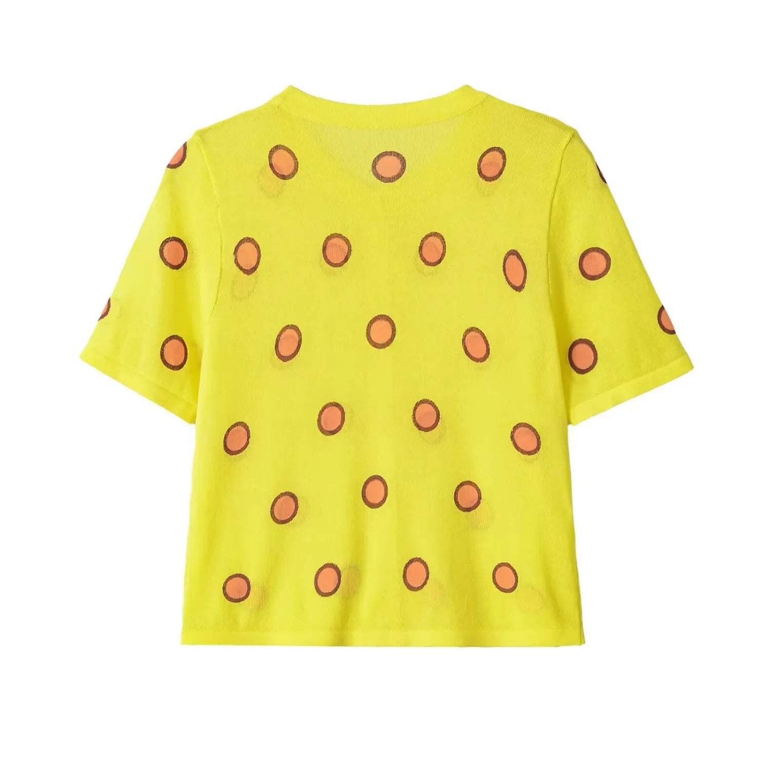 Complete back flat view, scattered orange polka dot pattern, ribbed neck, cuffs and hem, slim casual silhouette