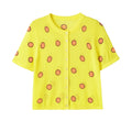 Full front flat lay main shot of bright yellow polka dot knit cardigan, round neck, front button placket, short sleeve, lightweight semi-sheer knit fabric