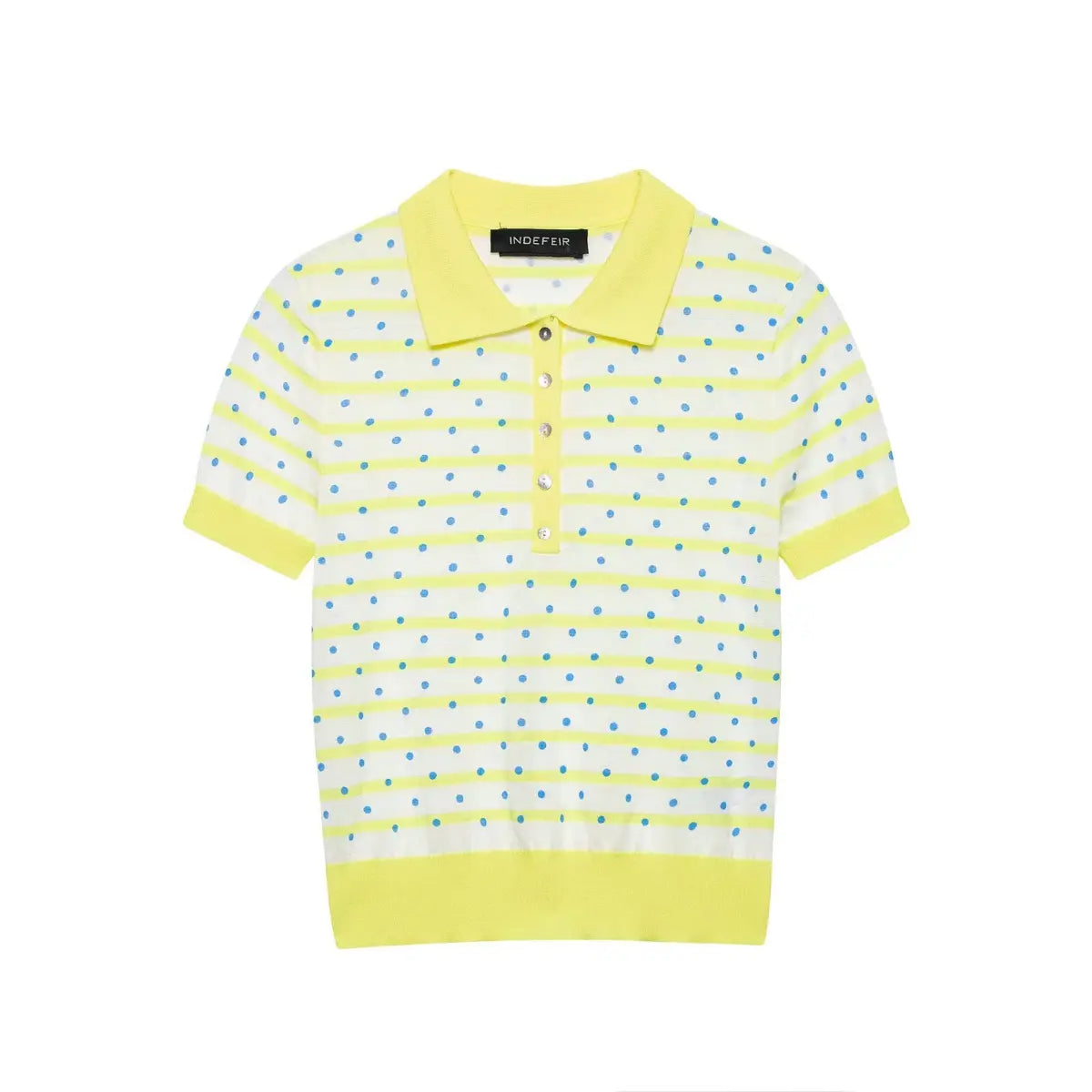 Flat lay view of a yellow and white polka dot knit polo shirt, showing the full silhouette, front placket with buttons, and ribbed trim.