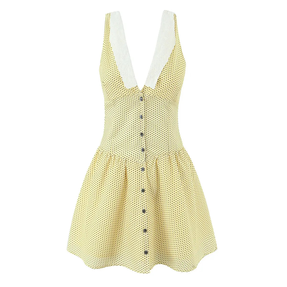 Flat lay sleeveless lace collar yellow dot mini dress
