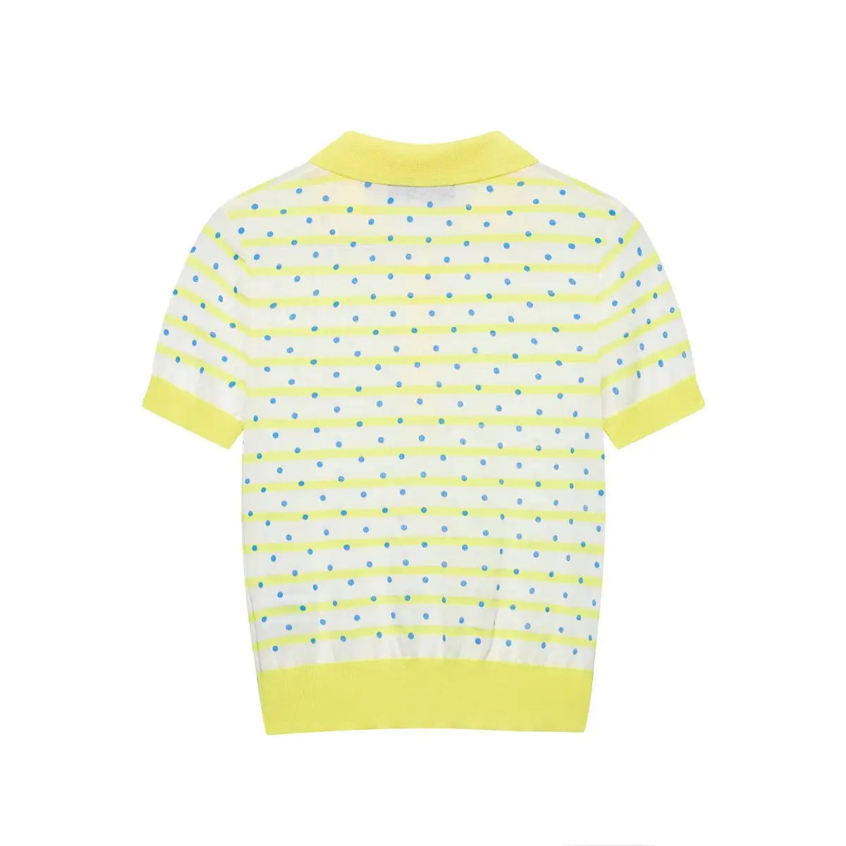 Flat lay view of a yellow and white polka dot knit polo shirt, showcasing the back silhouette, ribbed collar, and hem.