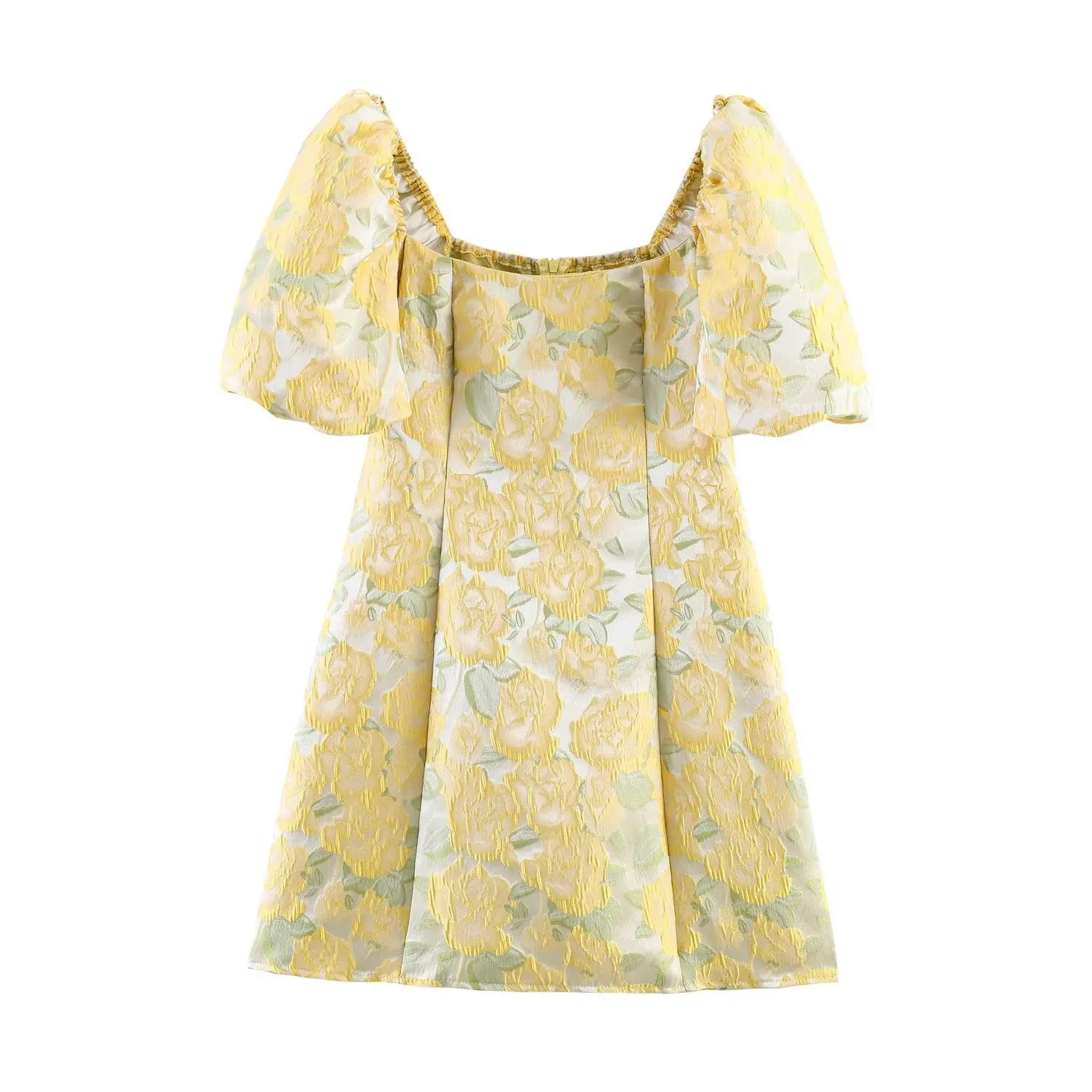 Flat lay front view square neck mini dress with yellow embossed rose pattern and puff sleeves