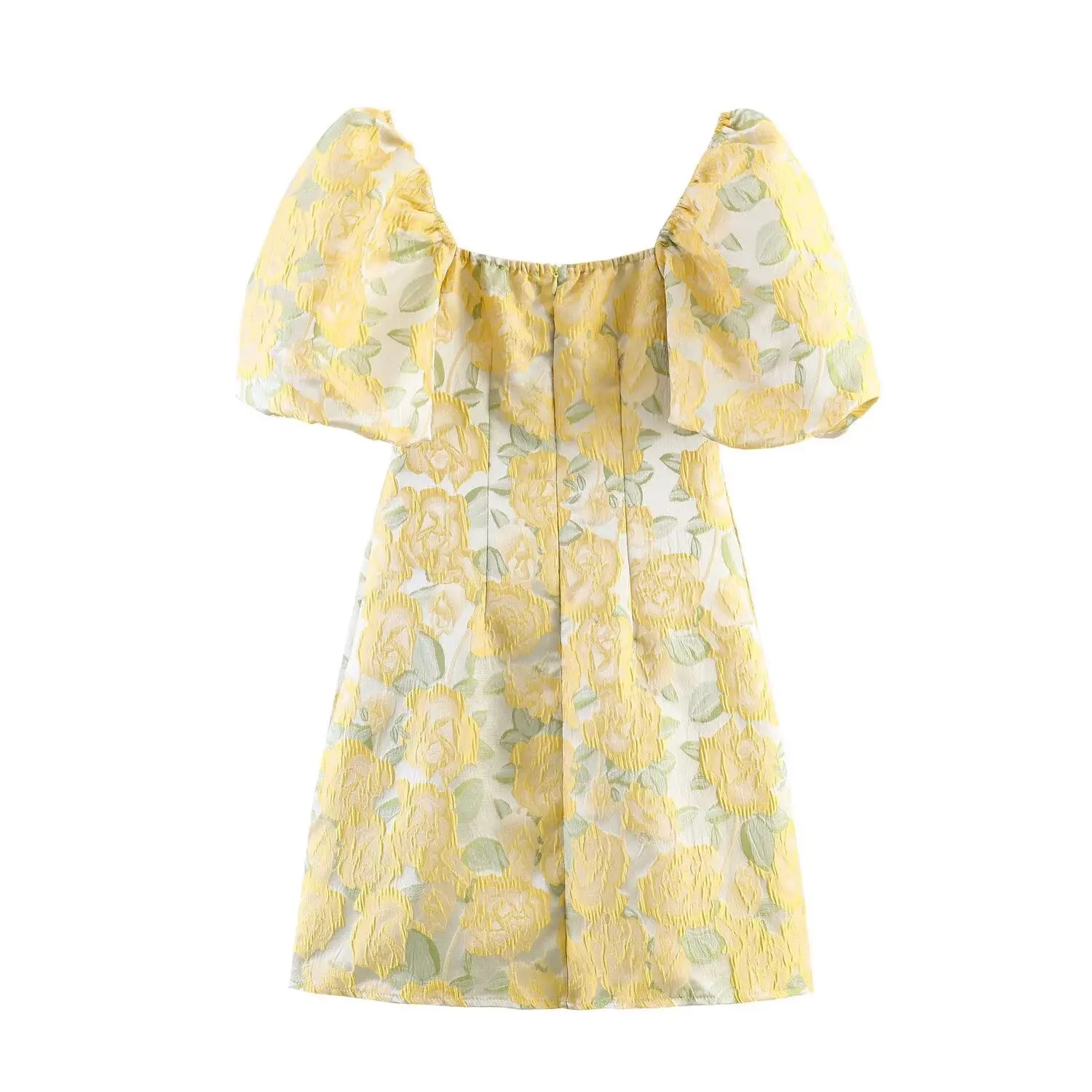 Flat lay back view mini dress with yellow rose floral print, square neck and puff short sleeves